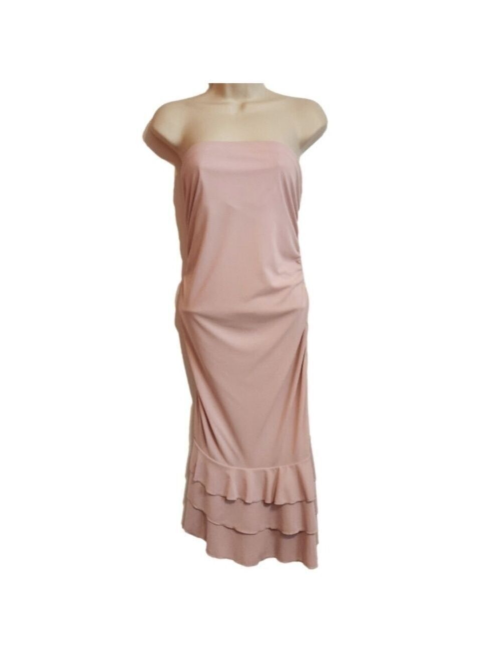 Express Pink Strapless Shirred Ruffle Bodycon Knit Dress Size 14 - Picture 1 of 10